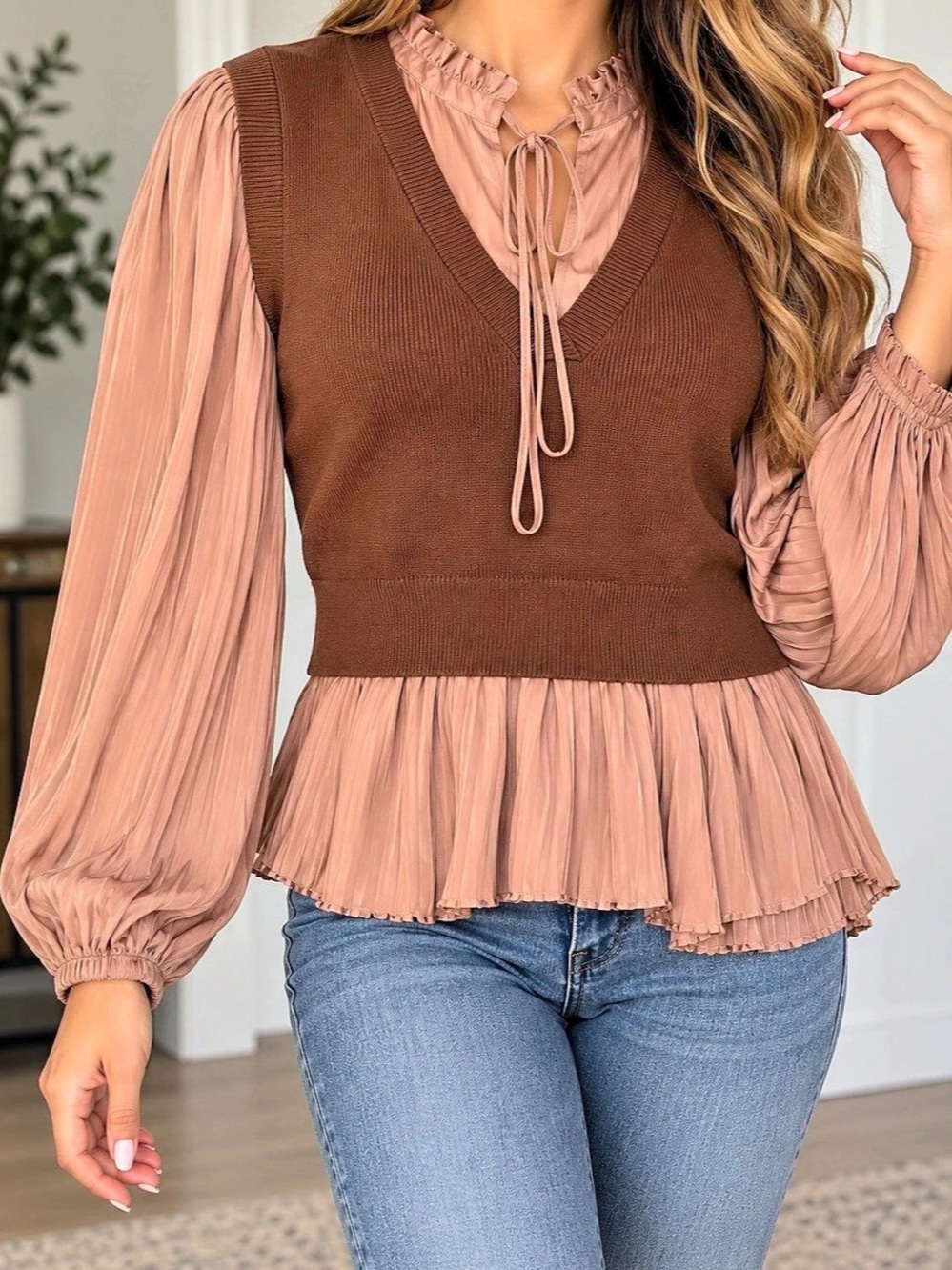 Current Air Los Angeles Pleated Layered Sweater Vest Blouse